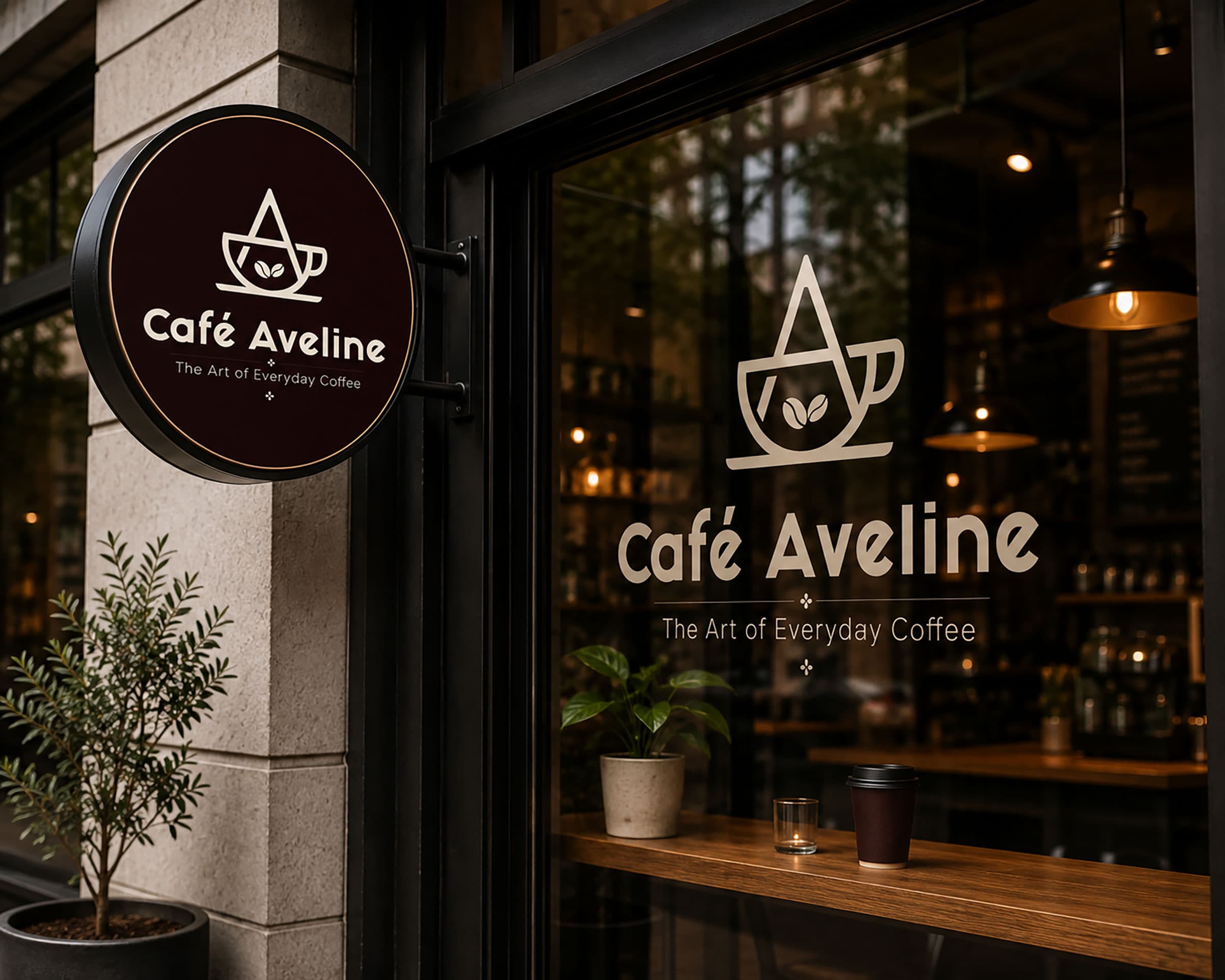 Café Aveline storefront with the café logo and burgundy signage