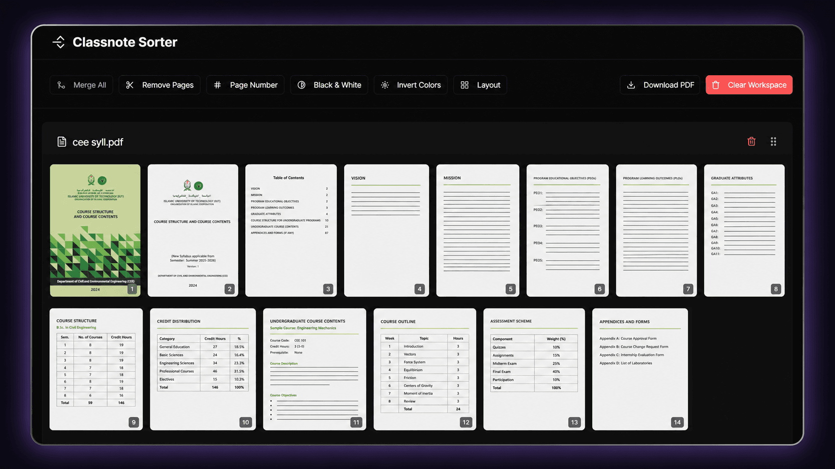 Classnote Sorter workspace with sharp PDF previews and document controls