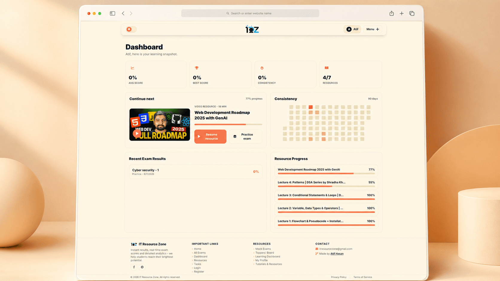 IT Resource Zone student learning dashboard and exam platform