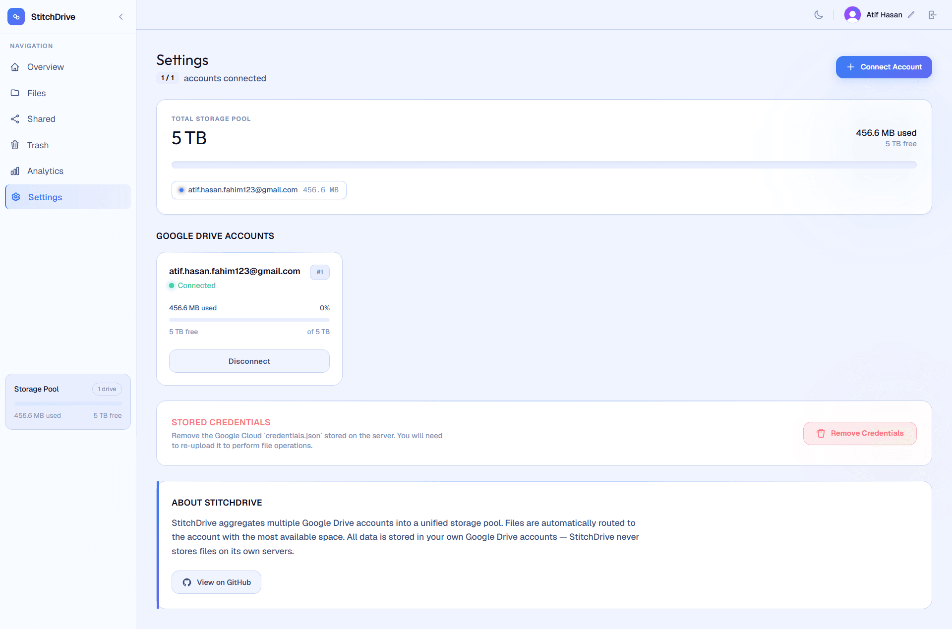 StitchDrive connected Google Drive account settings