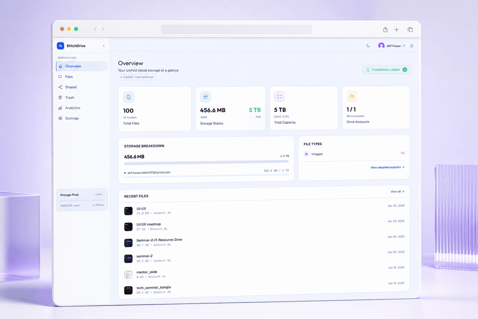 StitchDrive dashboard showing files and pooled Google Drive storage